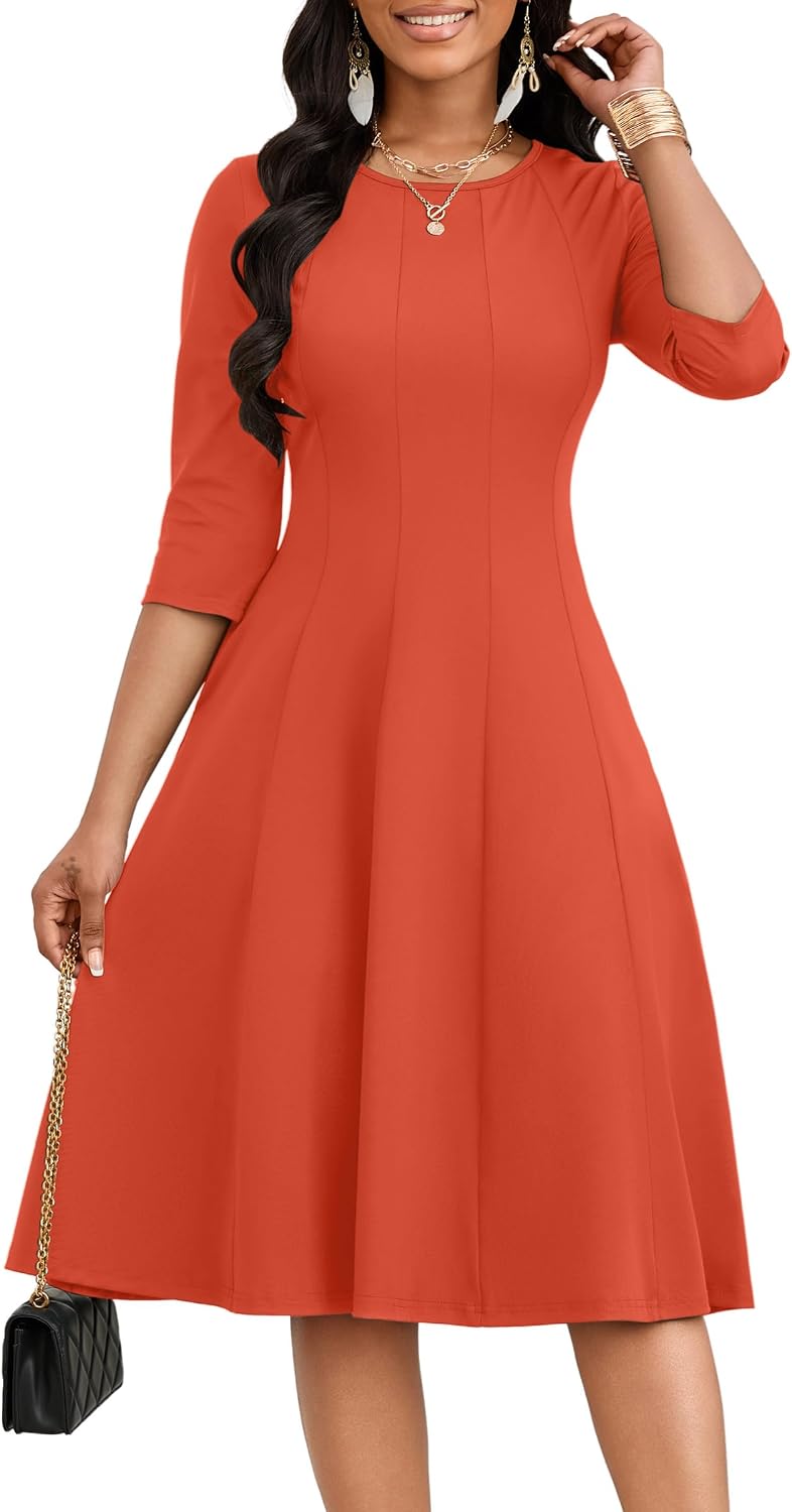 CLOCOR Midi Dresses Elegant Church 3\/4 Sleeve Crew Neck Dress with Pocket | Midi dress for cocktail, church, flattering high-waist A-line back zipper for easy on\/off, side pockets for convenience