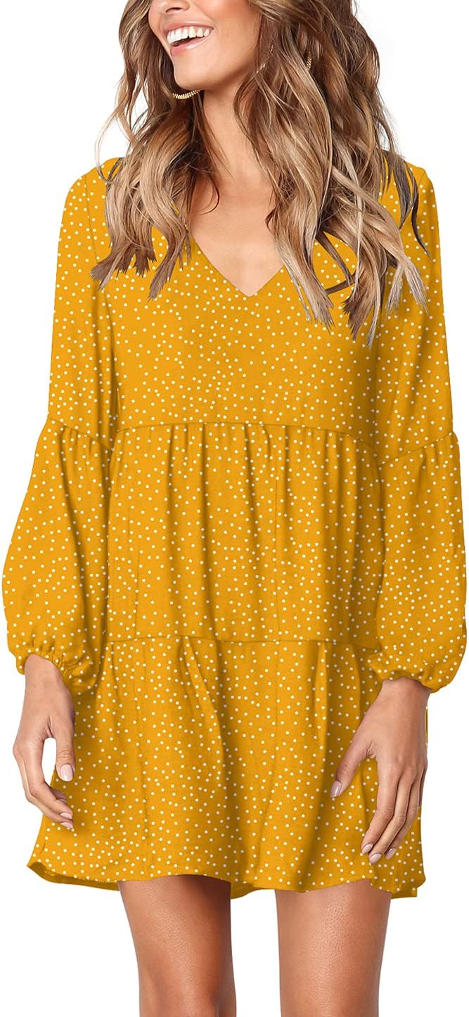 Amoretu Womens Tunic Dress Long Sleeve V Neck Casual Loose Flowy Swing Shift Dresses