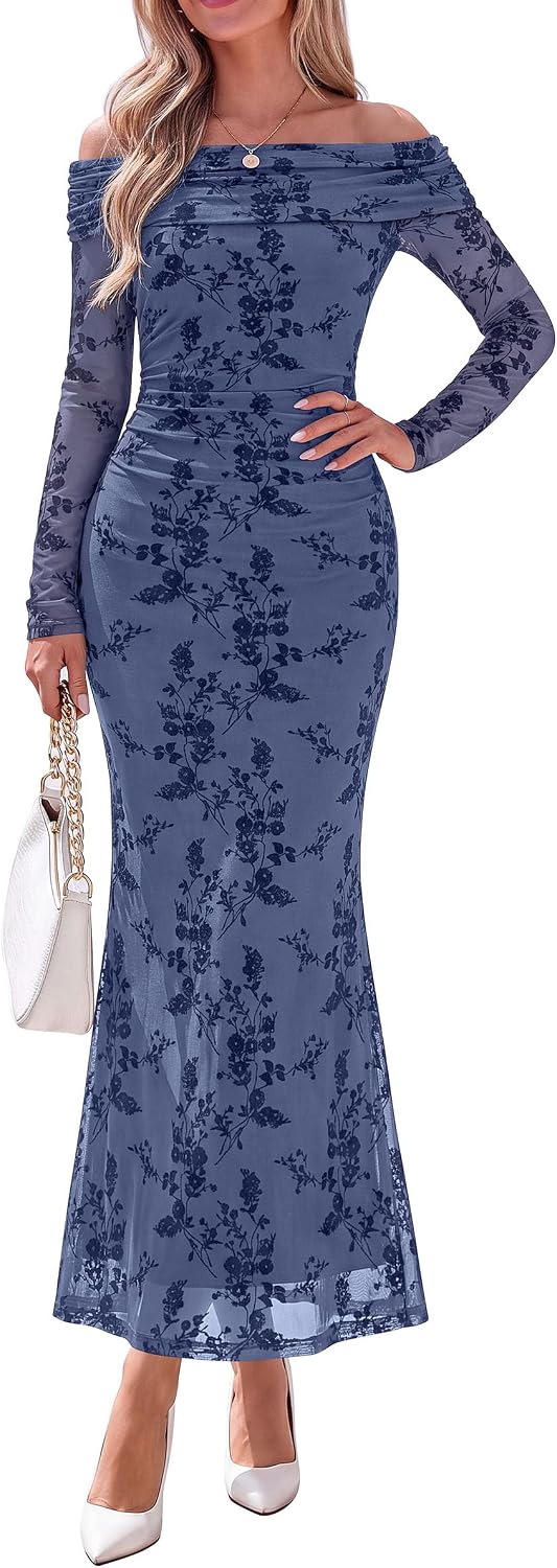 PRETTYGARDEN Womens Fall Off Shoulder Floral Maxi Wedding Guest Dress | Mesh Slim Fit,Elegant Bodycon,Formal Party Cocktail Dress,Bridal Shower Baby Shower,Date Night Outfits,Vacation Long Dresses