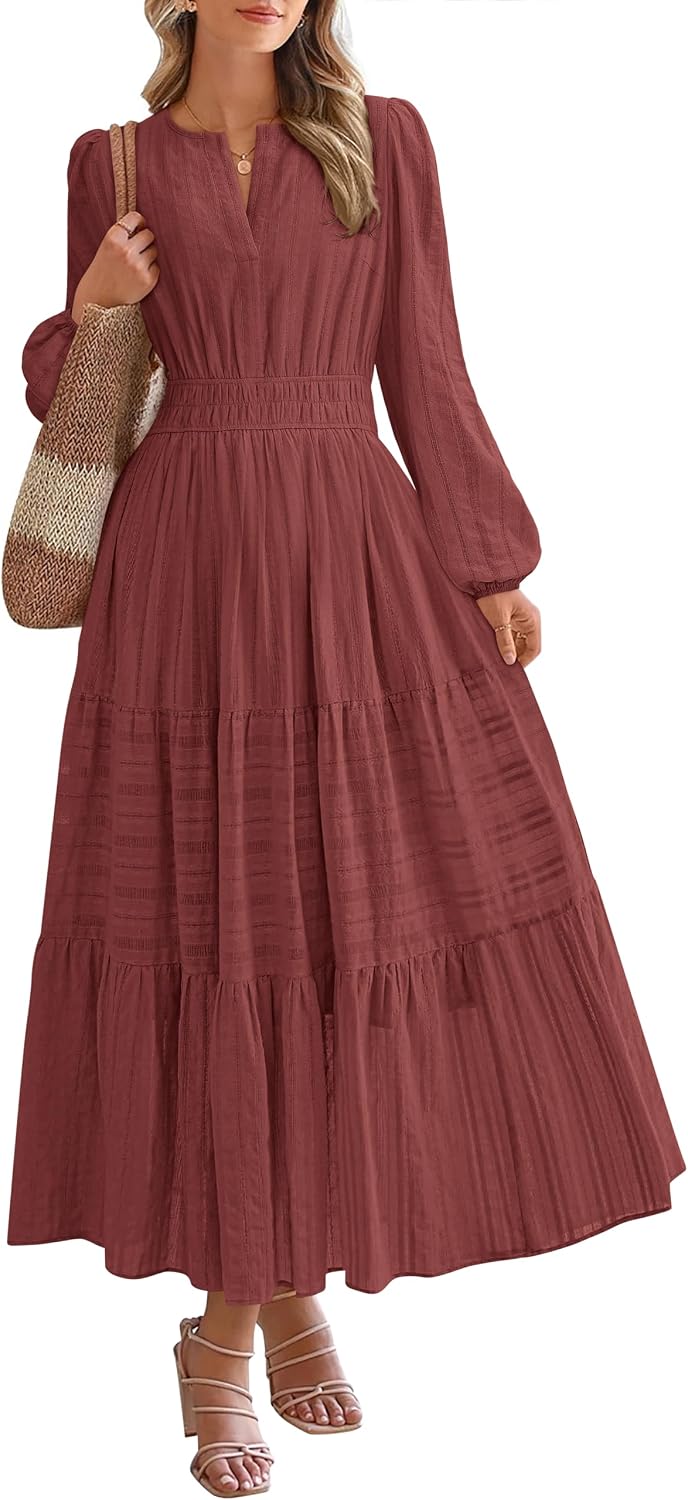 BTFBM Womens Fall 2026 Casual Midi Maxi Dresses | Lightweight Long Sleeve V Neck,Elastic Waist A Line Cotton Long Dresses,Boho Wedding Guest Dress Pockets,Fashion Clothing