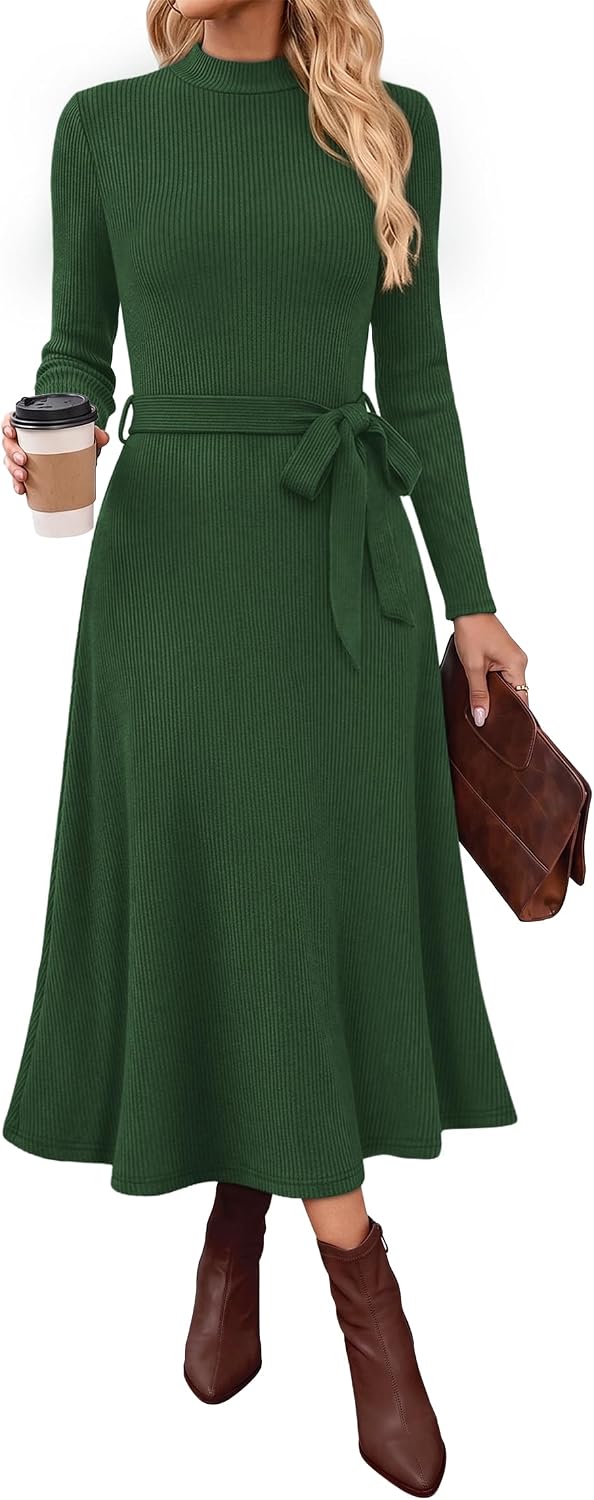 OFEEFAN Long Sleeve Dress Mock Neck Tie Waist Ribbed Knit Midi Dresses Fall Outfits
