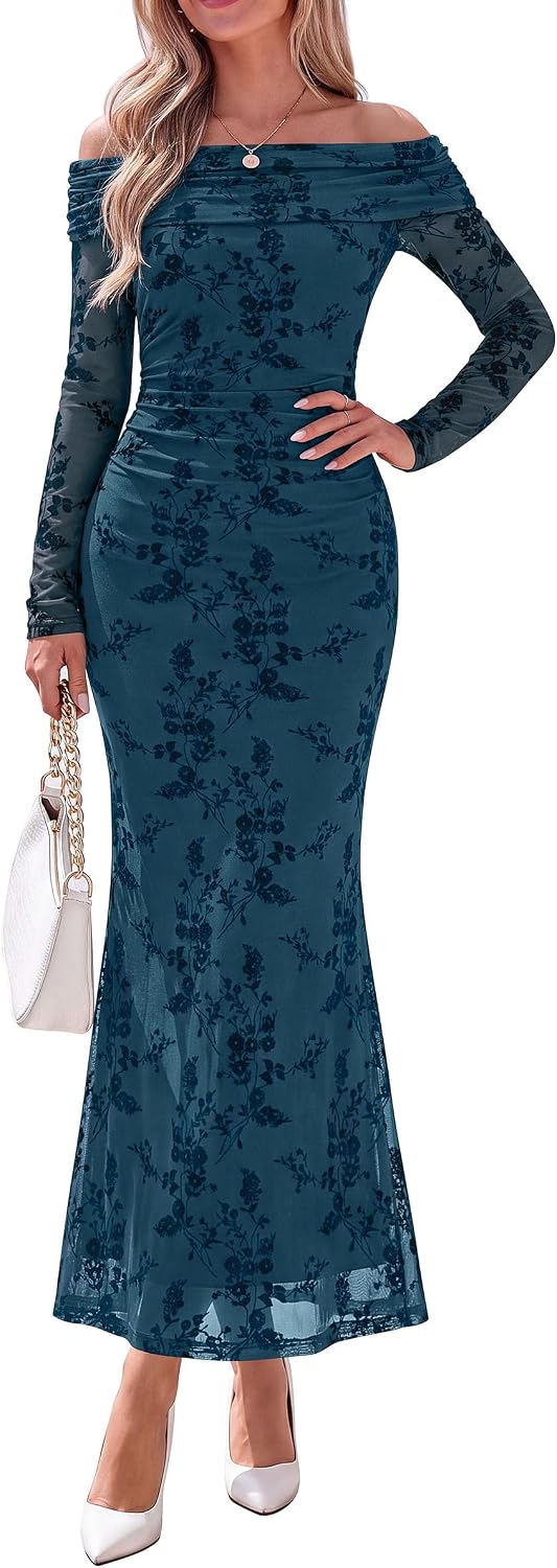 PRETTYGARDEN Womens Fall Off Shoulder Floral Maxi Wedding Guest Dress | Mesh Slim Fit,Elegant Bodycon,Formal Party Cocktail Dress,Bridal Shower Baby Shower,Date Night Outfits,Vacation Long Dresses