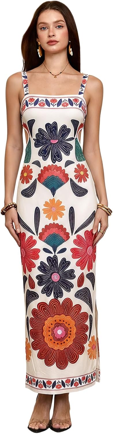 Floerns Women's Tropical Bow Tie Back Long Dress Sleeveless Maxi Dress | Hawaiian Resort Wear, Coastal Vacation, Beach Wedding Guest, Side Slit, Spring Break Outfits