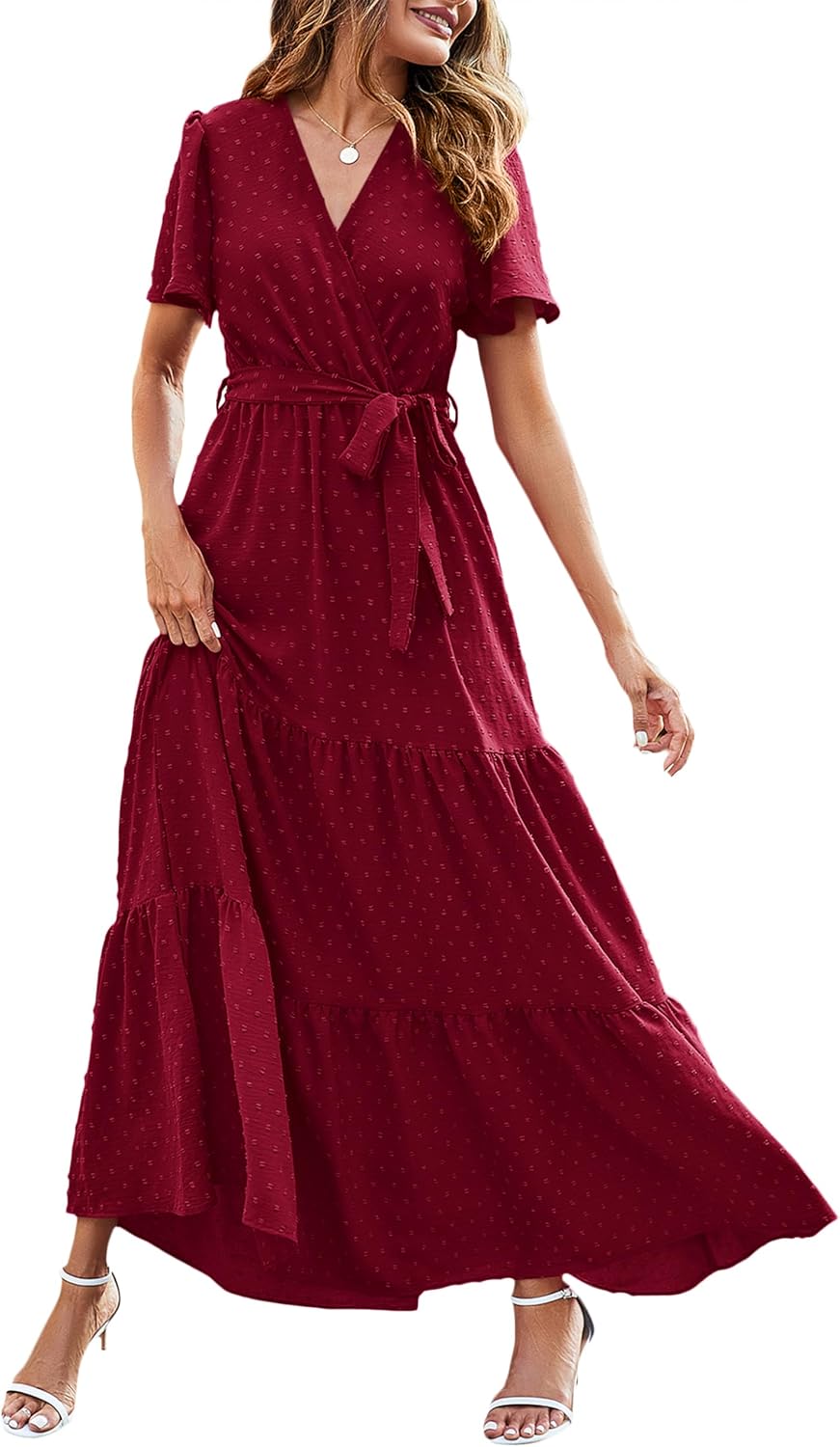 MASCOMODA Womens Summer Swiss Dot Maxi Dresses Wrap Boho Floral Long Dress | V Neck Wrap Dress, Flutter Short Sleeve, Tie Waist, Flowy A Line, Tiered Ruffle Hem, Elegant Spring Wedding Guest Dresses