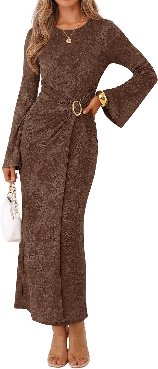 MEROKEETY Women's Fall Long Sleeve Formal Wedding Guest Cocktail Maxi Dress | Bell Sleeve, Crew Neck, Faux Wrap, Bodycon, Cinched Waist, Floral, Ruched, Buckle, Tea Length, Modest Dinner Dresses 2026