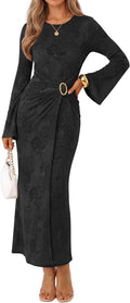 MEROKEETY Women's Fall Long Sleeve Formal Wedding Guest Cocktail Maxi Dress | Bell Sleeve, Crew Neck, Faux Wrap, Bodycon, Cinched Waist, Floral, Ruched, Buckle, Tea Length, Modest Dinner Dresses 2026