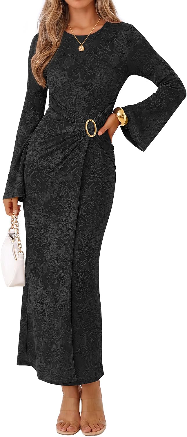 MEROKEETY Women's Fall Long Sleeve Formal Wedding Guest Cocktail Maxi Dress | Bell Sleeve, Crew Neck, Faux Wrap, Bodycon, Cinched Waist, Floral, Ruched, Buckle, Tea Length, Modest Dinner Dresses 2026