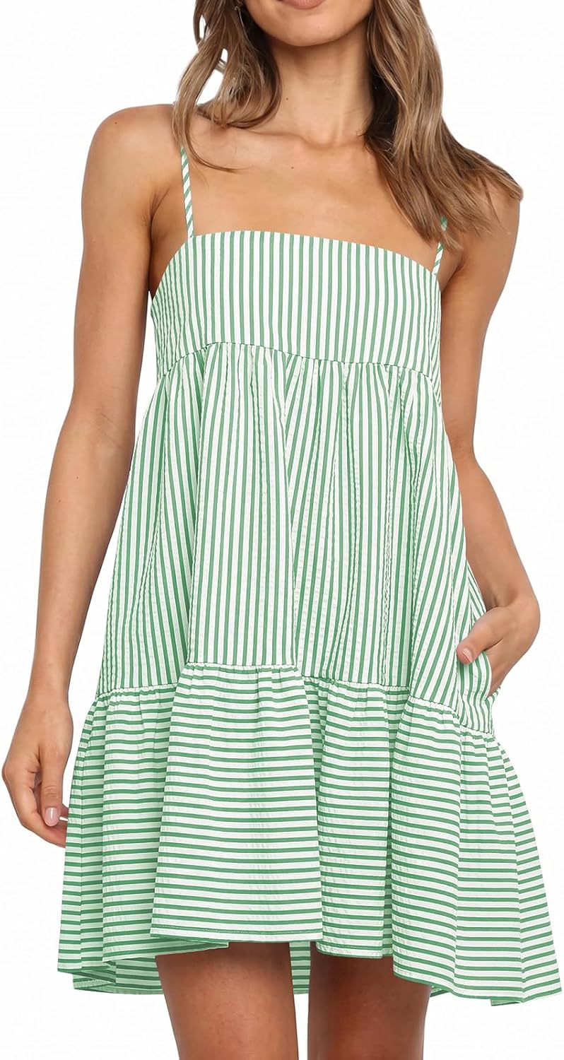 Wenrine Womens Summer Striped Mini Dress Spaghetti Strap Beach Sundress | Casual,Sleeveless,Loose,A Line,Short Dresses,Vacation,Resort,Sun Dress, with Pockets