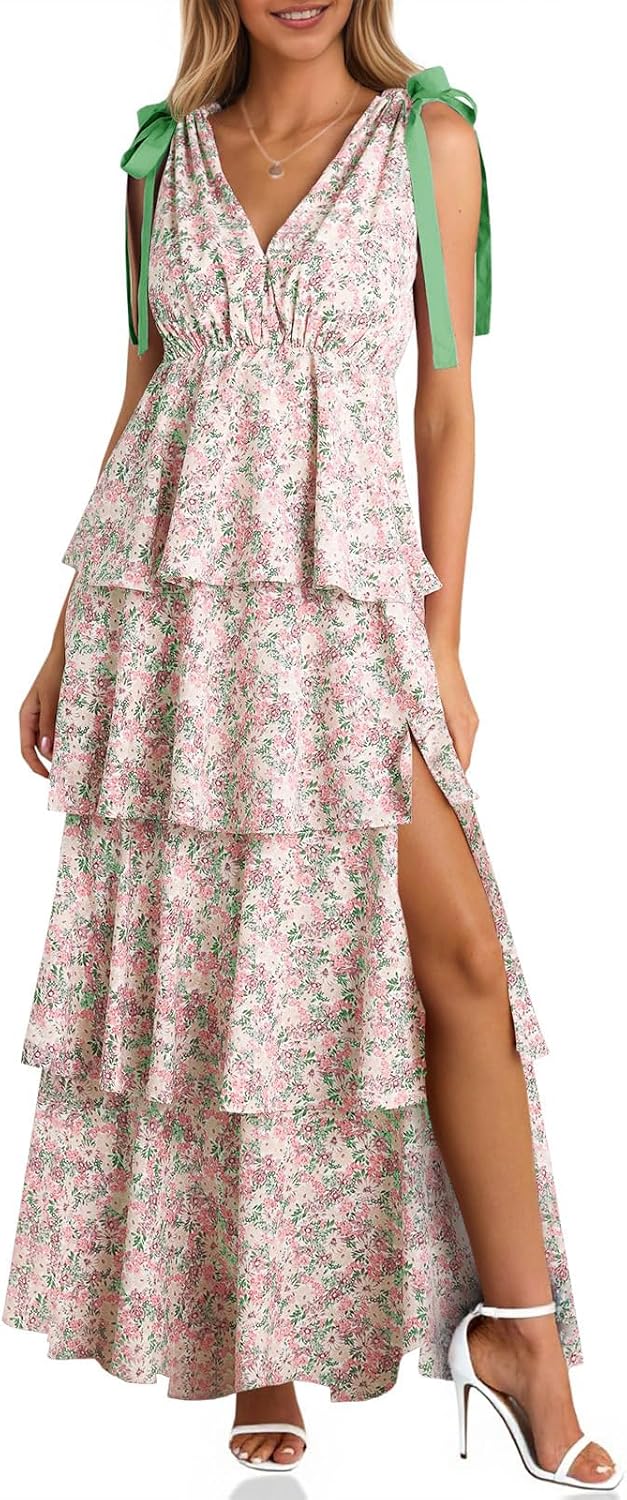Wenrine Womens Elegant Wedding Guest Dress Floral Ruffle Maxi Dresses | Casual,Tie Strap,Sleeveless,V Neck,High Slit,Boho,Ruffle,Tiered,Beach