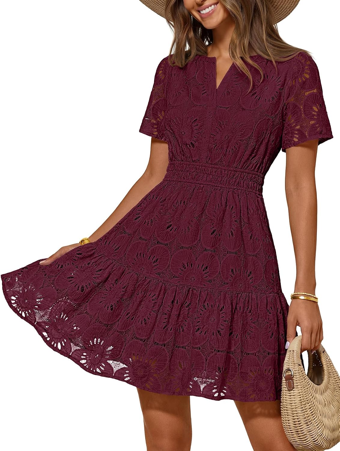 MEROKEETY Women's Summer Eyelet Lace Floral Boho Dress | Mini Dress, Short Sleeve, A Line, Notch Neck, Shirring Waist, Flowy Hem, Elegant Casual Cute, Vacation Beach, Short Sundress