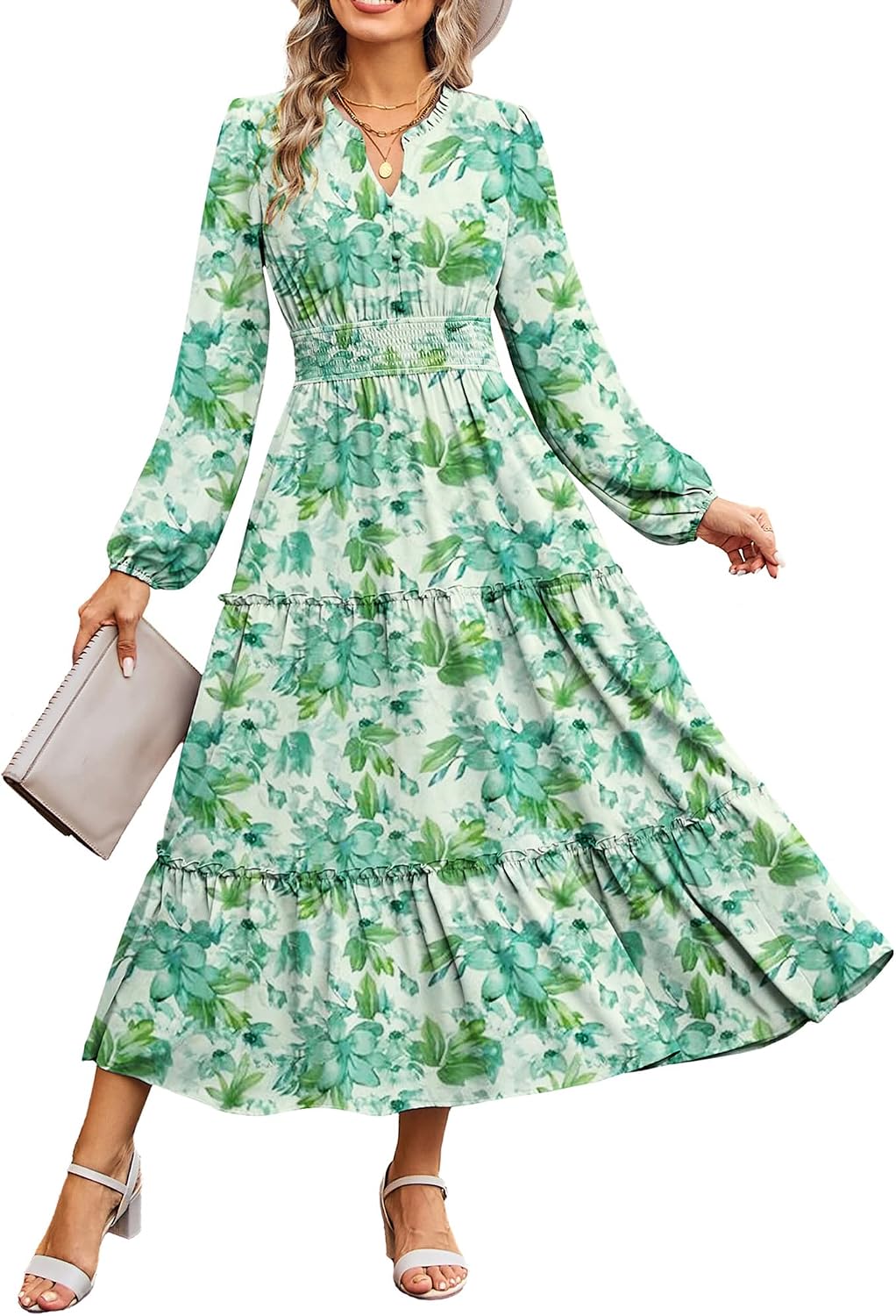 GRACE KARIN Women's Floral Maxi Dress 2026 Fall Long Sleeve V Neck Empire Waist A Line Flowy Dress with Pocket