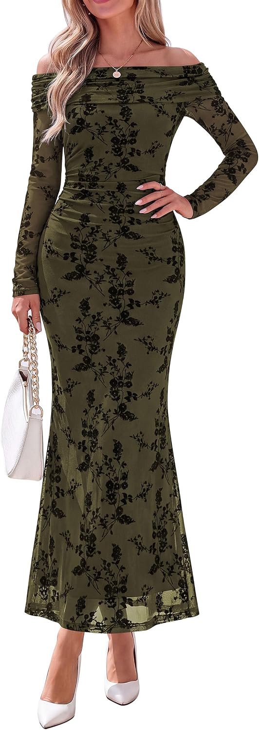PRETTYGARDEN Womens Fall Off Shoulder Floral Maxi Wedding Guest Dress | Mesh Slim Fit,Elegant Bodycon,Formal Party Cocktail Dress,Bridal Shower Baby Shower,Date Night Outfits,Vacation Long Dresses