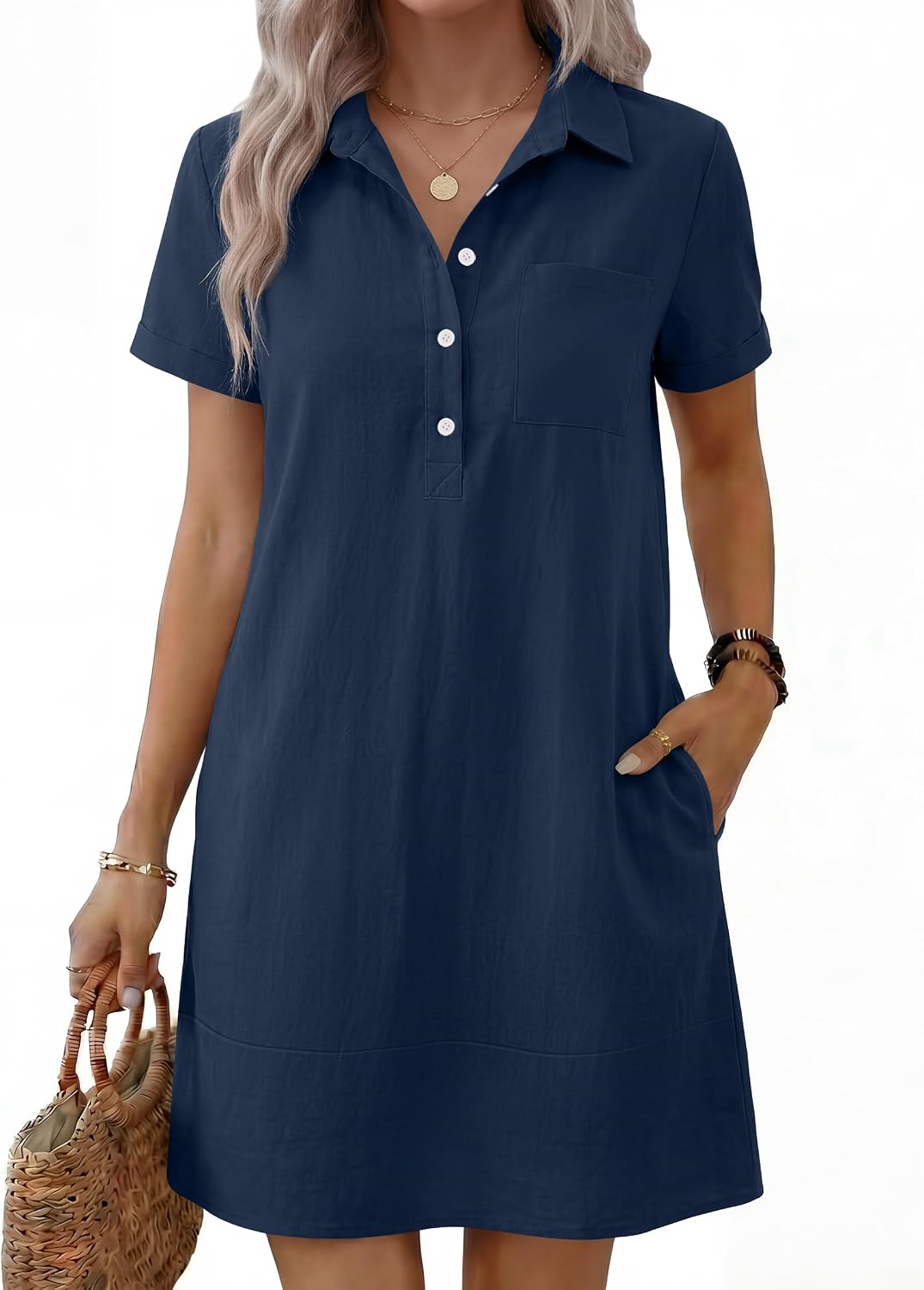 ANRABESS Womens Summer Casual Short Sleeve Shirt Dresses | Button Polo T-shirt Loose Shift Dress, Striped & Gingham, Beach Vacation Travel Outfits with Pockets, Spring Fall Clothes