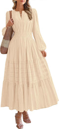 BTFBM Womens Fall 2026 Casual Midi Maxi Dresses | Lightweight Long Sleeve V Neck,Elastic Waist A Line Cotton Long Dresses,Boho Wedding Guest Dress Pockets,Fashion Clothing