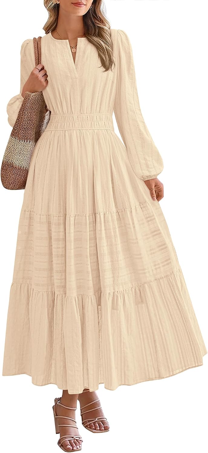 BTFBM Womens Fall 2026 Casual Midi Maxi Dresses | Lightweight Long Sleeve V Neck,Elastic Waist A Line Cotton Long Dresses,Boho Wedding Guest Dress Pockets,Fashion Clothing