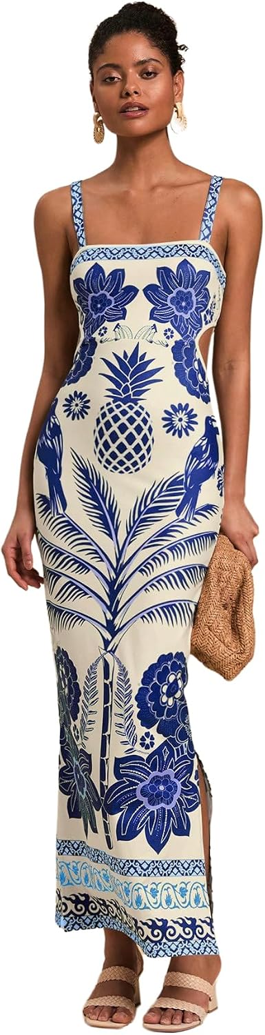 Floerns Women's Tropical Bow Tie Back Long Dress Sleeveless Maxi Dress | Hawaiian Resort Wear, Coastal Vacation, Beach Wedding Guest, Side Slit, Spring Break Outfits