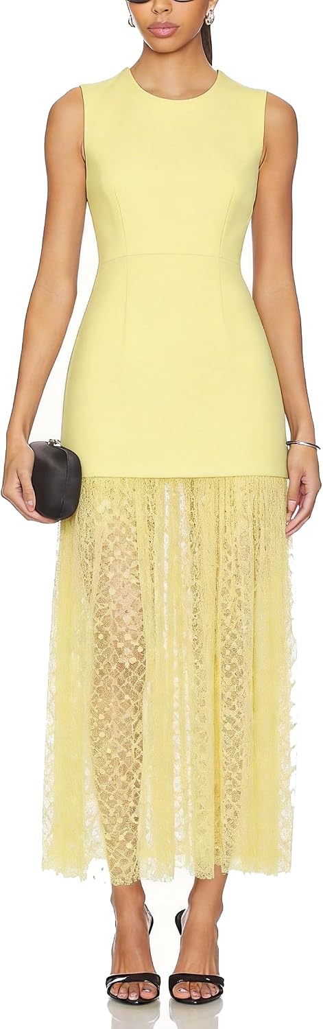 Women Sleeveless Sheer Lace Mesh Ruffles Maxi Dress Cocktail Party Dress | Tulle Overlay Hem Bodycon Wedding Guest Dress Club Night Evening Gowns Date Night Lace Mesh Hem Formal Dress