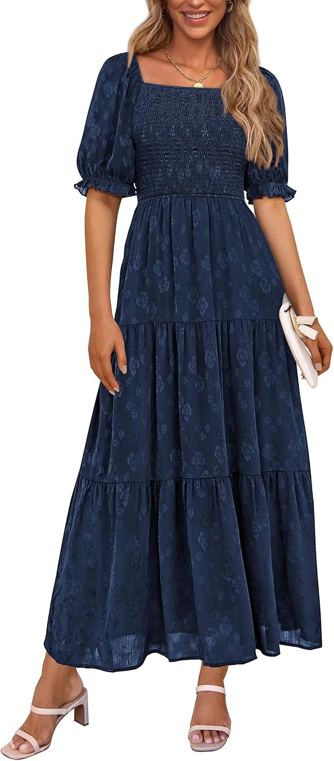 PRETTYGARDEN Women's Summer Elegant Floral Midi Dresses | Square Neck Short Sleeve, Smocked Pockets, Ruffle Tiered, Flowy A Line, Fit and Flare, Wedding Guest Party, Boho Outfits