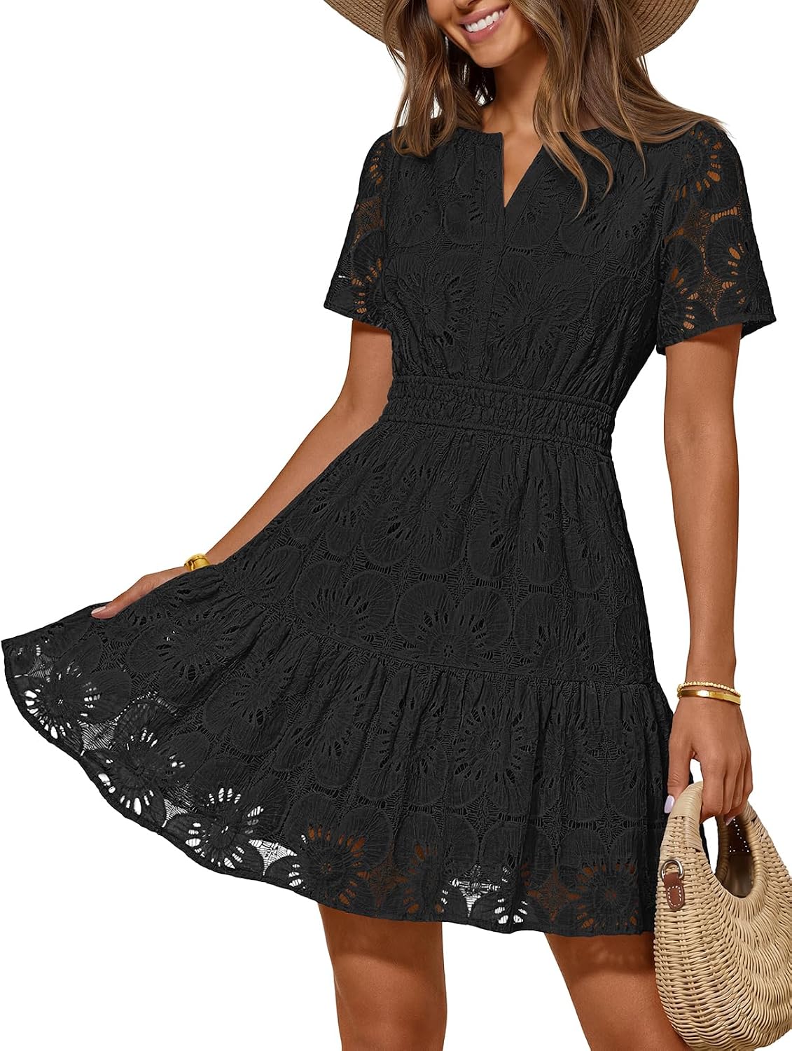 MEROKEETY Women's Summer Eyelet Lace Floral Boho Dress | Mini Dress, Short Sleeve, A Line, Notch Neck, Shirring Waist, Flowy Hem, Elegant Casual Cute, Vacation Beach, Short Sundress