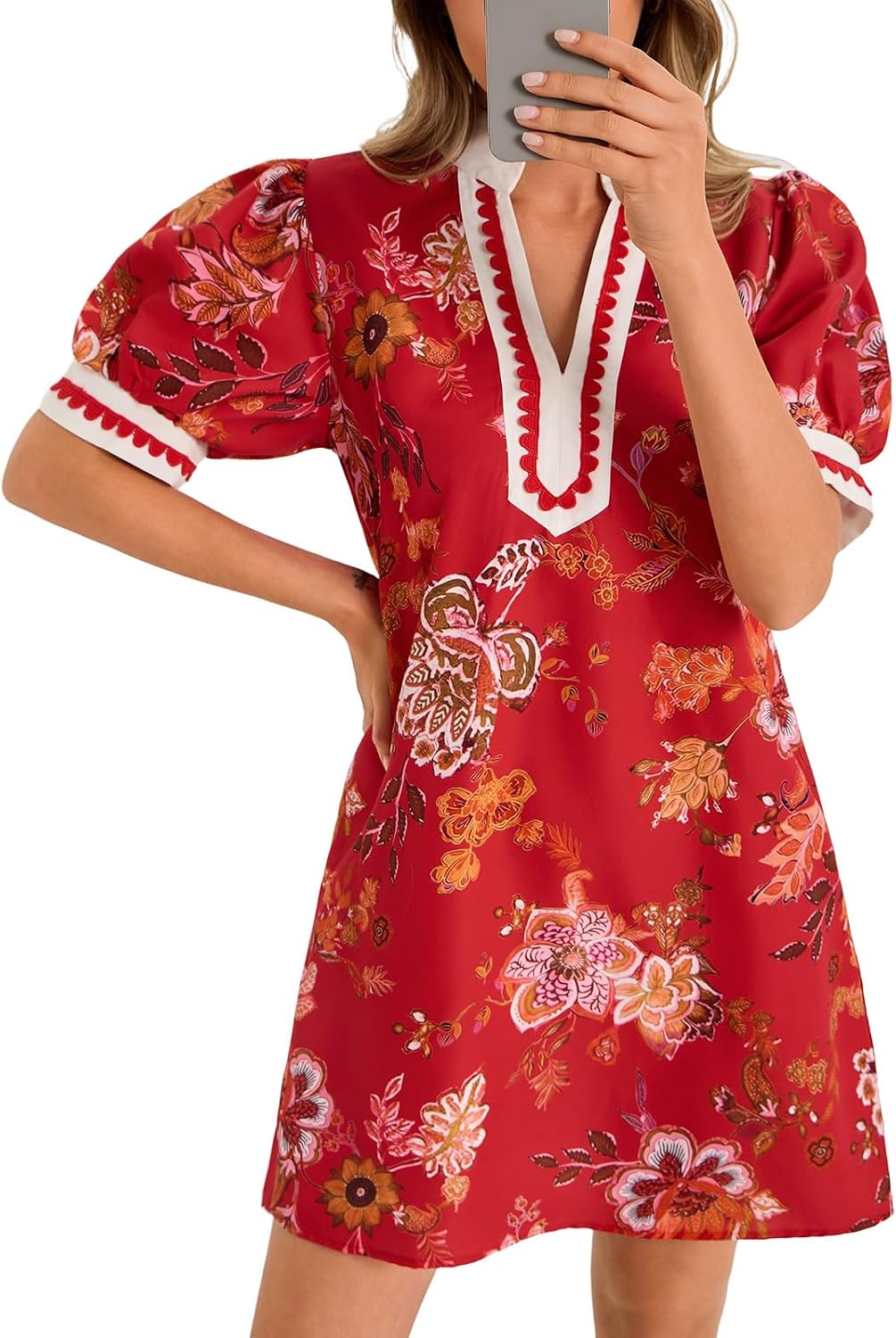 Wenrine Womens Summer Mini Dress Casual Floral Boho Dresses Beach Sundress | Puff Sleeve, V Neck, Color Block, Loose Fit, with Pockets