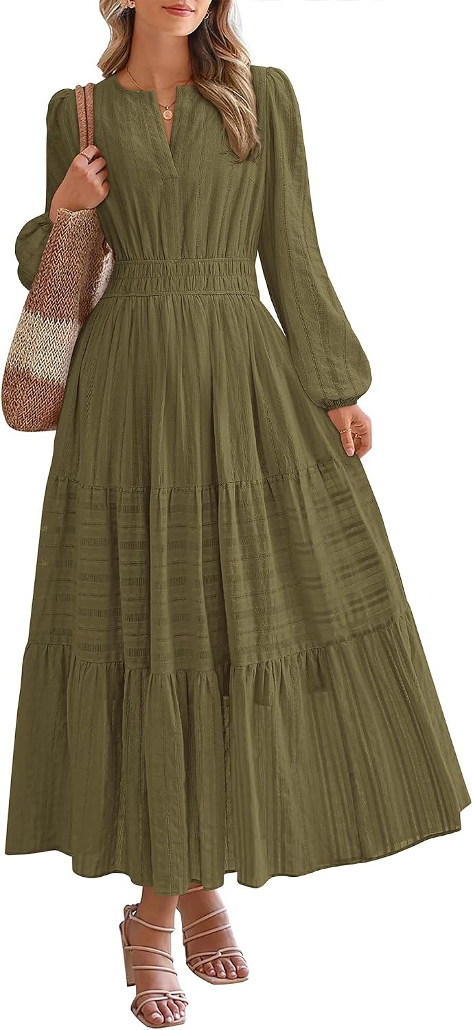 BTFBM Womens Fall 2026 Casual Midi Maxi Dresses | Lightweight Long Sleeve V Neck,Elastic Waist A Line Cotton Long Dresses,Boho Wedding Guest Dress Pockets,Fashion Clothing