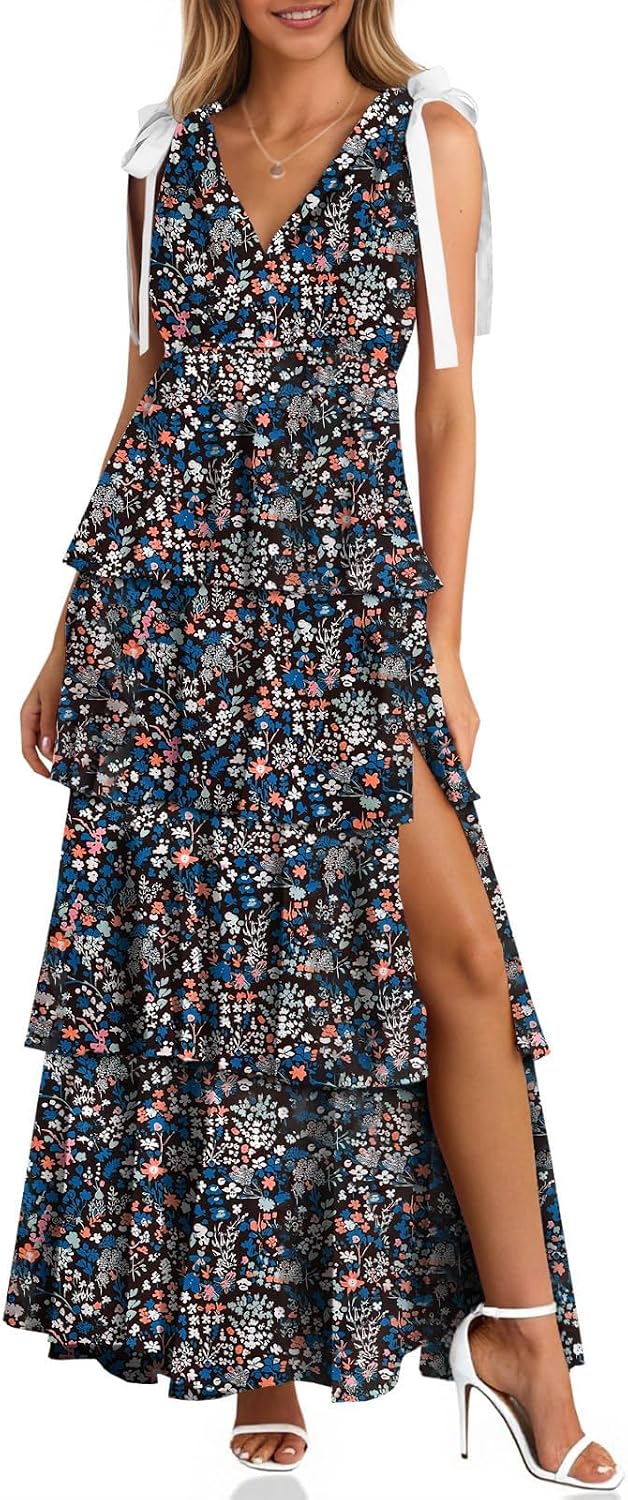 Wenrine Womens Elegant Wedding Guest Dress Floral Ruffle Maxi Dresses | Casual,Tie Strap,Sleeveless,V Neck,High Slit,Boho,Ruffle,Tiered,Beach
