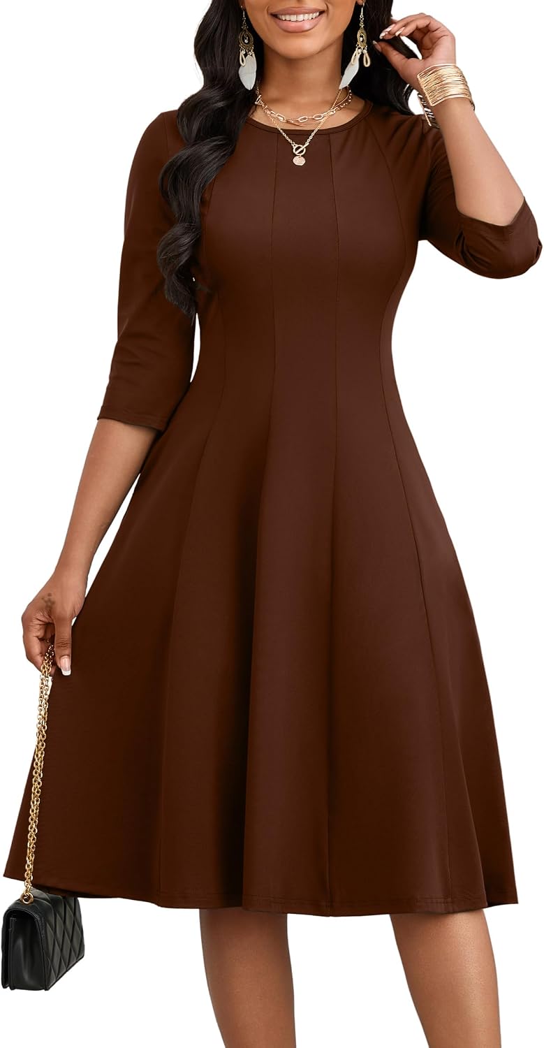 CLOCOR Midi Dresses Elegant Church 3\/4 Sleeve Crew Neck Dress with Pocket | Midi dress for cocktail, church, flattering high-waist A-line back zipper for easy on\/off, side pockets for convenience