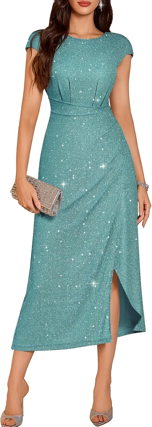 DRESSTELLS Women's Sparkly Formal Wedding Guest Dresses, Sequin Cocktail Party Evening Prom Slit Maxi Dress