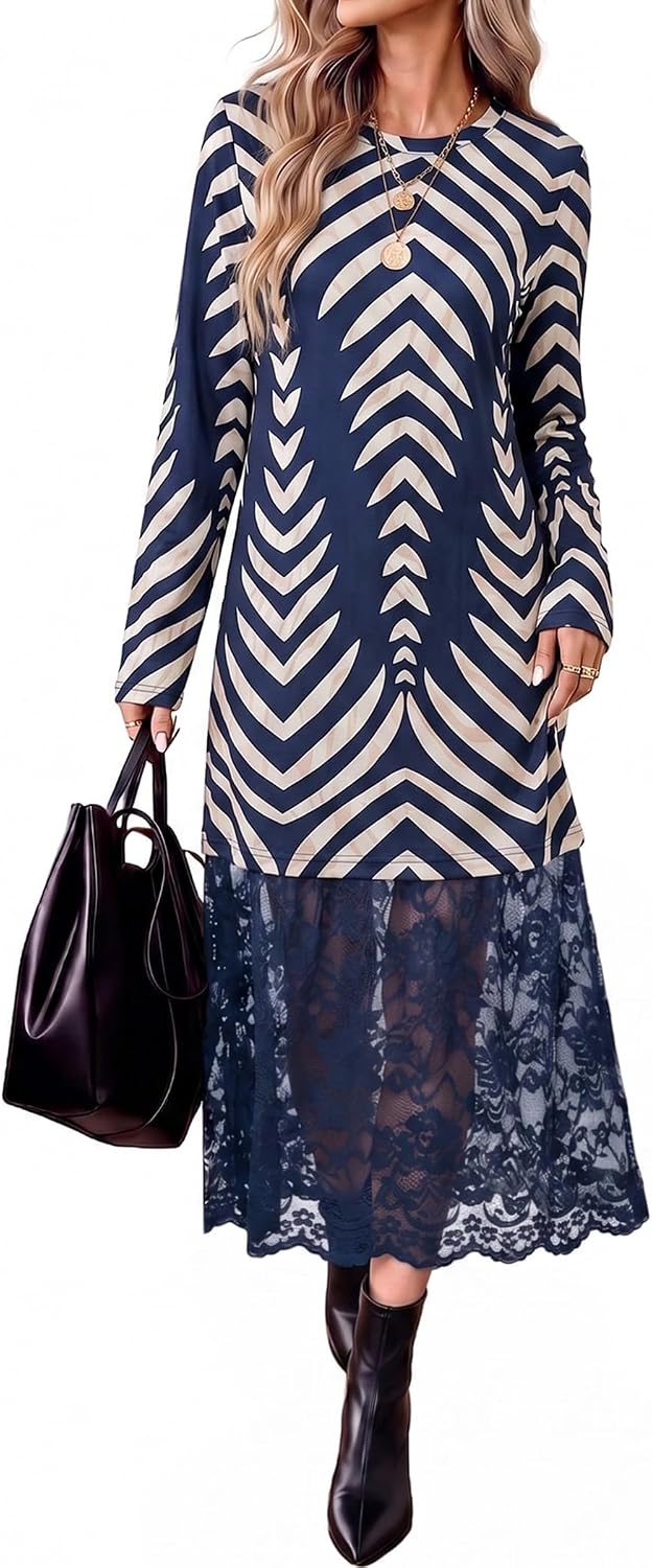 Long Sleeve Fall Dresses Midi Lace Patchwork Dress Fall Wedding Guest Dress | Winter dresses, fall fashion clothing, business casual outfits, teacher outfits, crew neck, side pockets, going out