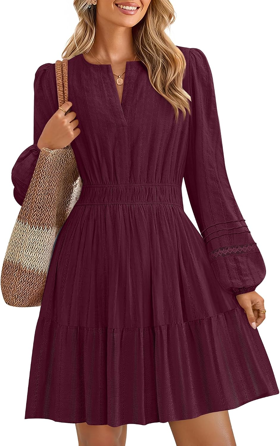 ZESICA Women's Fall Long Sleeve V Neck Flowy Mini Dresses | A Line Cotton Short Dress, Lightweight, Holiday, Work Office, Vacation, Homecoming, Baby Shower, 2026 Fall Trendy Clothes