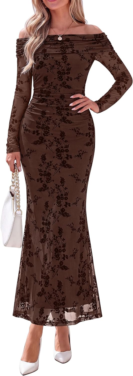 PRETTYGARDEN Womens Fall Off Shoulder Floral Maxi Wedding Guest Dress | Mesh Slim Fit,Elegant Bodycon,Formal Party Cocktail Dress,Bridal Shower Baby Shower,Date Night Outfits,Vacation Long Dresses