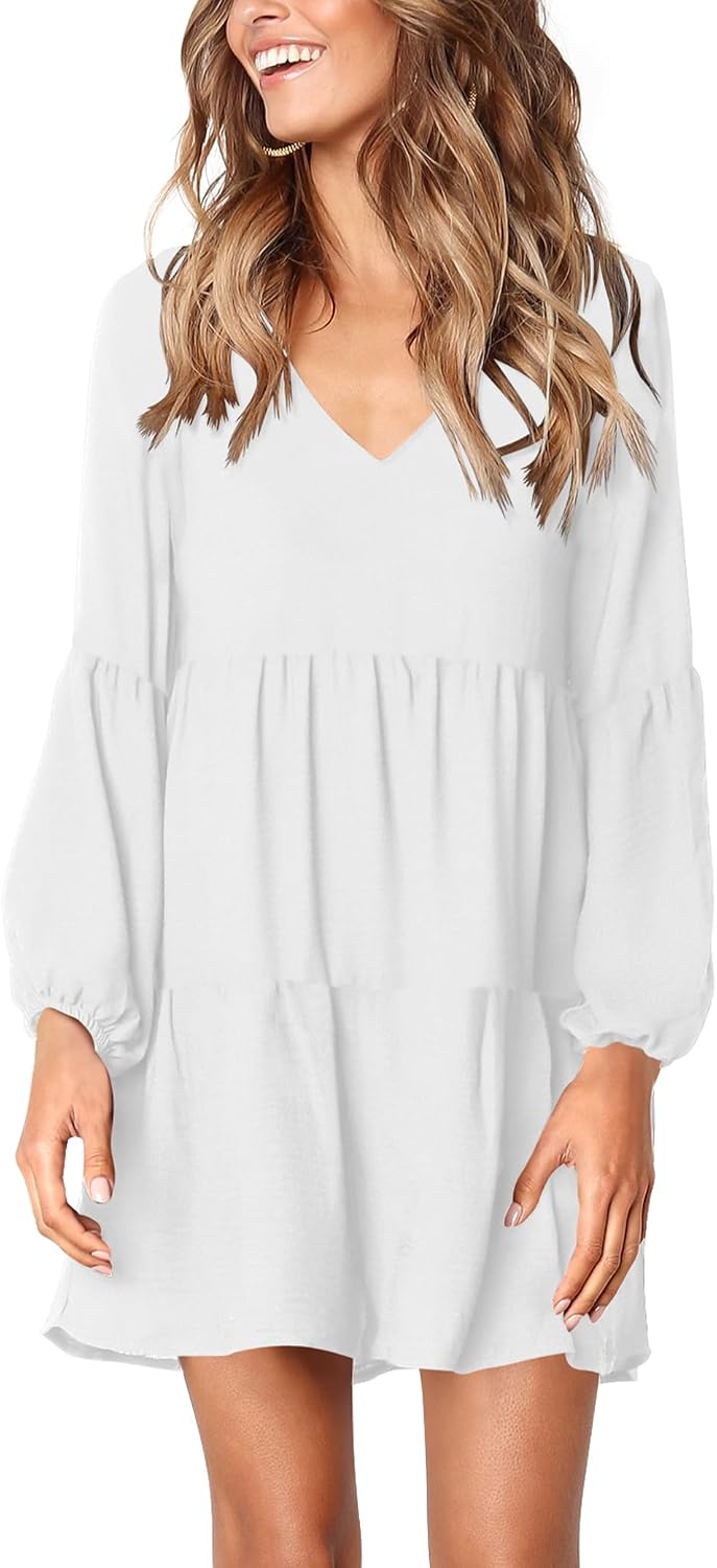 Amoretu Womens Tunic Dress Long Sleeve V Neck Casual Loose Flowy Swing Shift Dresses