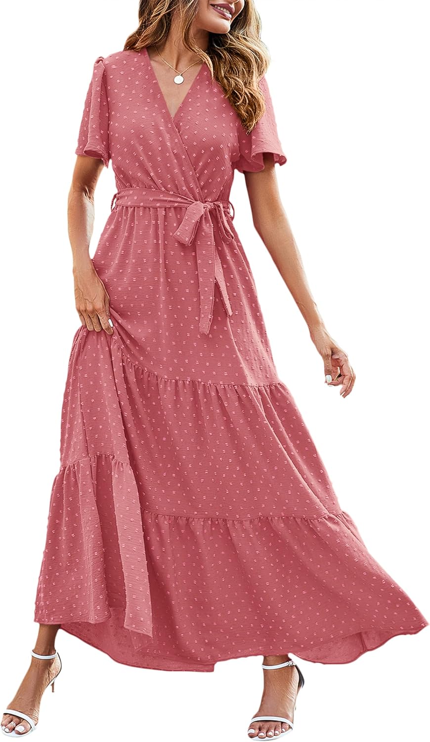 MASCOMODA Womens Summer Swiss Dot Maxi Dresses Wrap Boho Floral Long Dress | V Neck Wrap Dress, Flutter Short Sleeve, Tie Waist, Flowy A Line, Tiered Ruffle Hem, Elegant Spring Wedding Guest Dresses