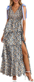 Wenrine Womens Elegant Wedding Guest Dress Floral Ruffle Maxi Dresses | Casual,Tie Strap,Sleeveless,V Neck,High Slit,Boho,Ruffle,Tiered,Beach