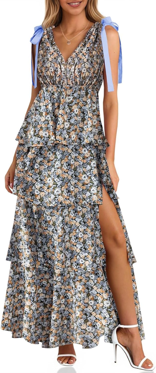 Wenrine Womens Elegant Wedding Guest Dress Floral Ruffle Maxi Dresses | Casual,Tie Strap,Sleeveless,V Neck,High Slit,Boho,Ruffle,Tiered,Beach