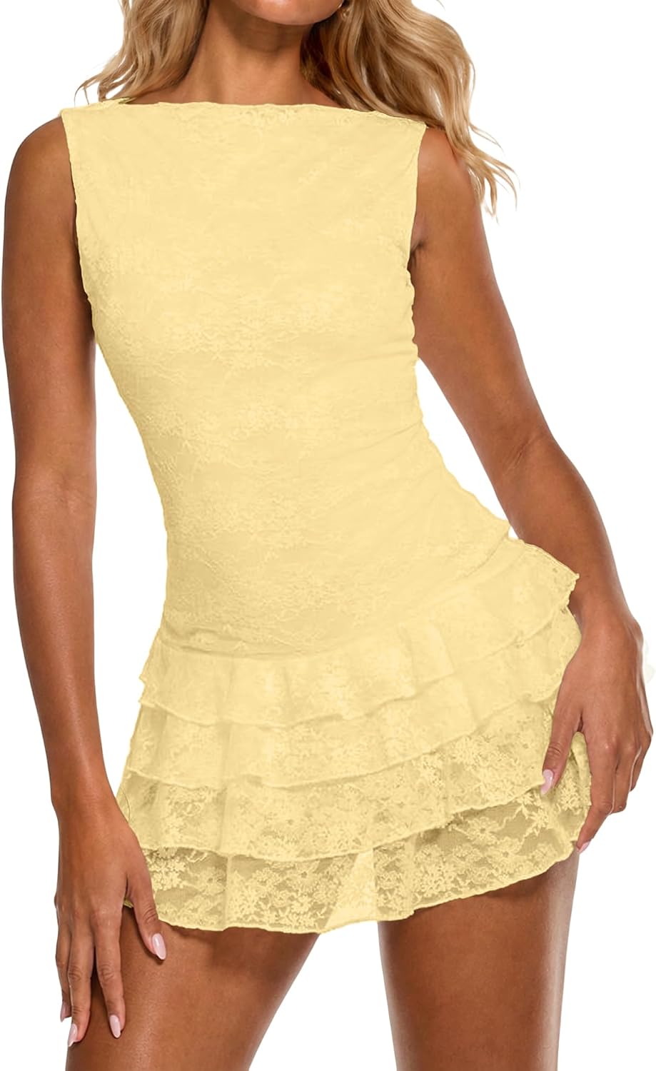 Ammiko Women's Mini Dress Western Floral Lace Tank Dresses Casual | Summer, Sleeveless, Ruffle Hem Layered, Western, Y2K, Going Out, Country, Party, Cowboy Music Festival Outfits