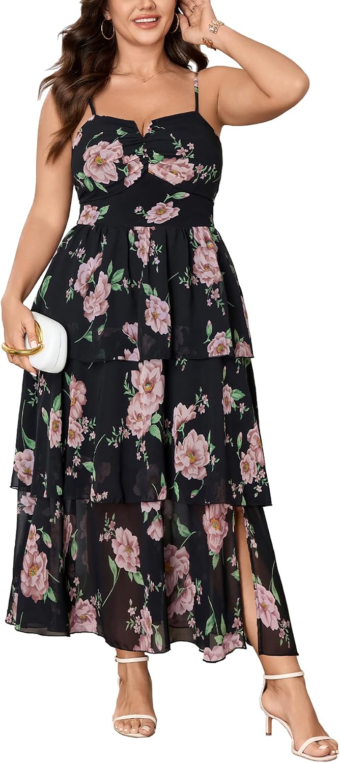 Womens Plus Size Floral Maxi Dress | Spaghetti Strap Tiered Ruffle Summer Wedding Guest Dress for Vacation and Garden Party