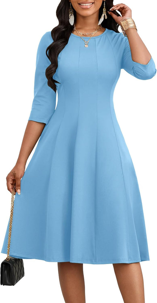 CLOCOR Midi Dresses Elegant Church 3\/4 Sleeve Crew Neck Dress with Pocket | Midi dress for cocktail, church, flattering high-waist A-line back zipper for easy on\/off, side pockets for convenience