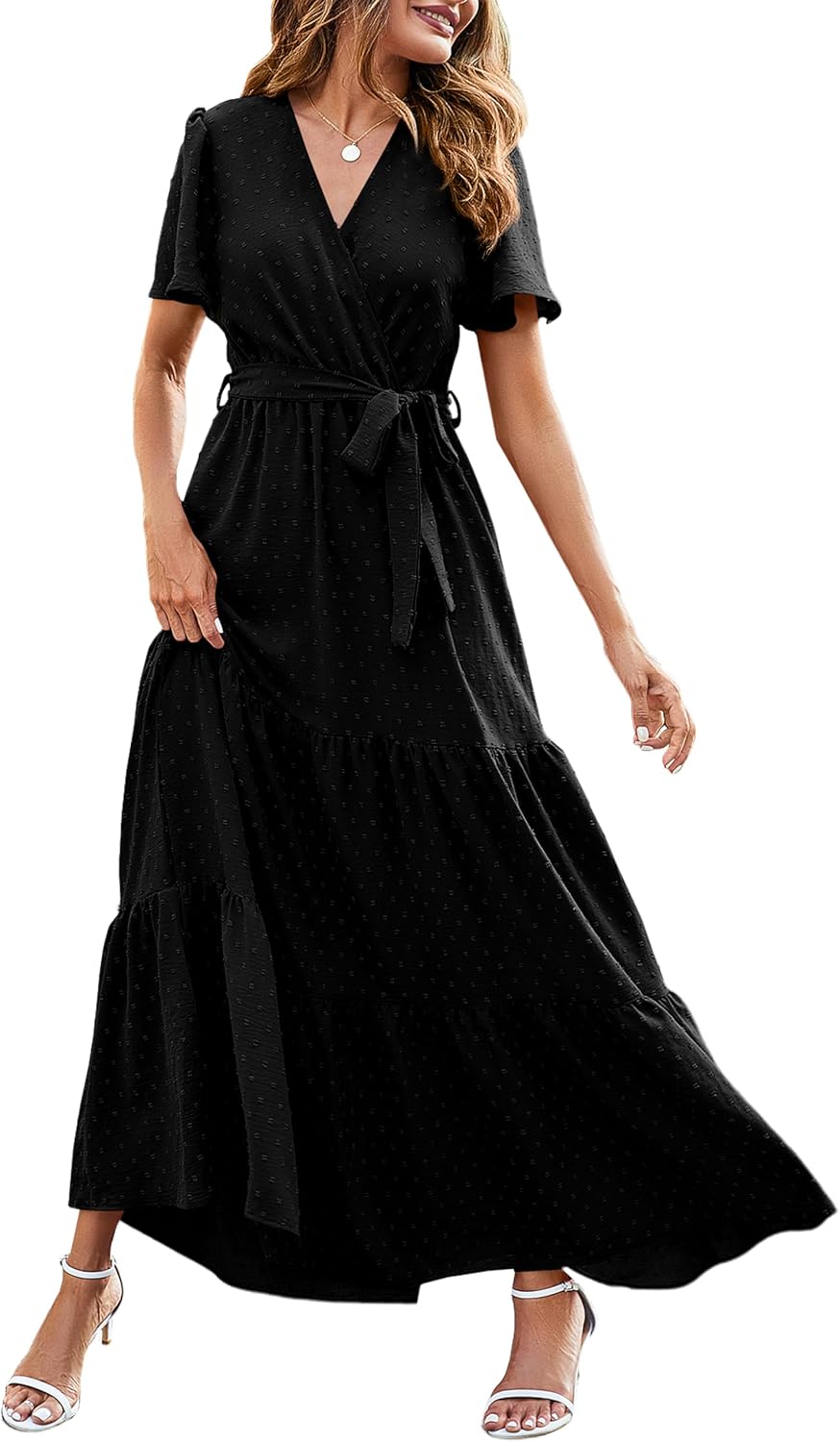 MASCOMODA Womens Summer Swiss Dot Maxi Dresses Wrap Boho Floral Long Dress | V Neck Wrap Dress, Flutter Short Sleeve, Tie Waist, Flowy A Line, Tiered Ruffle Hem, Elegant Spring Wedding Guest Dresses