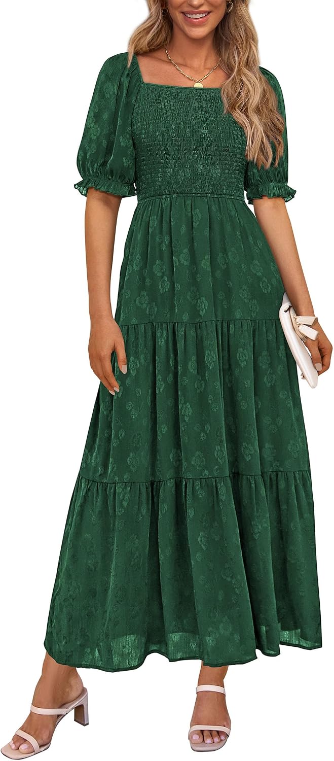 PRETTYGARDEN Women's Summer Elegant Floral Midi Dresses | Square Neck Short Sleeve, Smocked Pockets, Ruffle Tiered, Flowy A Line, Fit and Flare, Wedding Guest Party, Boho Outfits