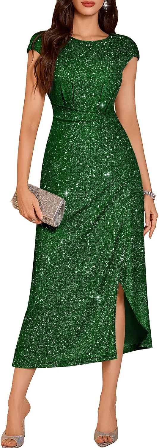DRESSTELLS Women's Sparkly Formal Wedding Guest Dresses, Sequin Cocktail Party Evening Prom Slit Maxi Dress