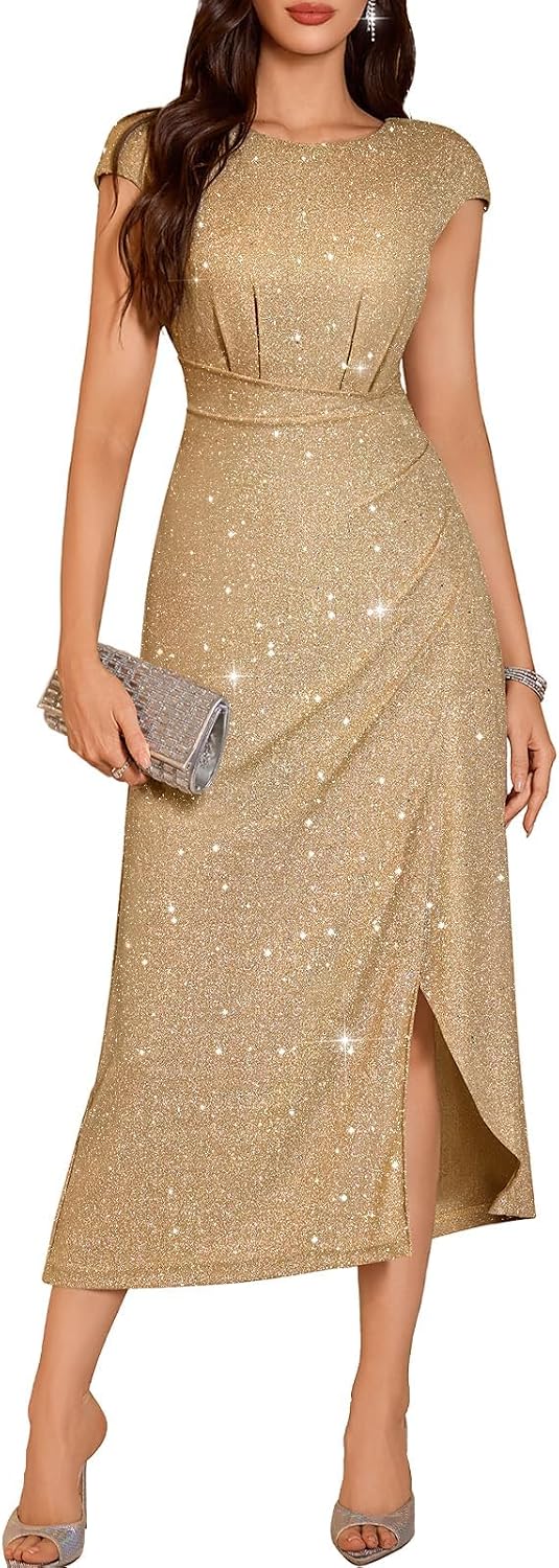 DRESSTELLS Women's Sparkly Formal Wedding Guest Dresses, Sequin Cocktail Party Evening Prom Slit Maxi Dress