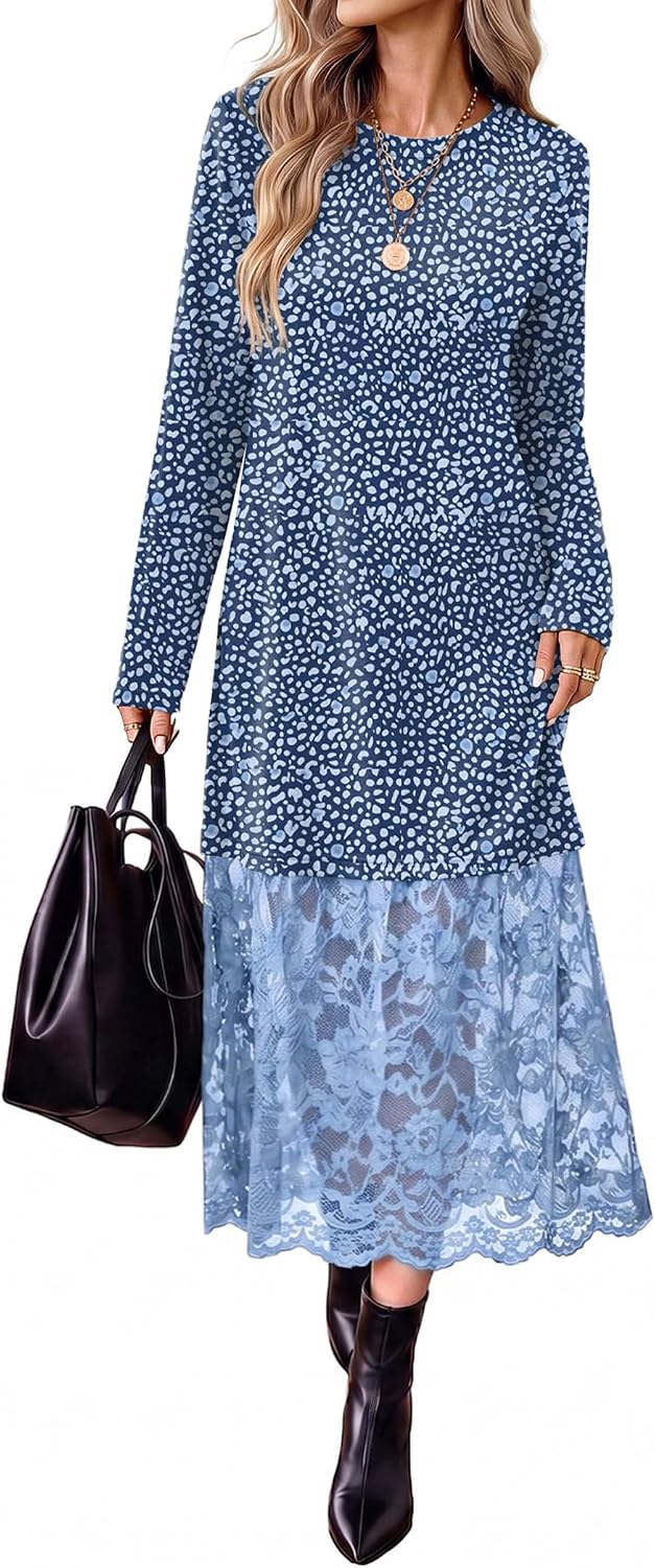 Long Sleeve Fall Dresses Midi Lace Patchwork Dress Fall Wedding Guest Dress | Winter dresses, fall fashion clothing, business casual outfits, teacher outfits, crew neck, side pockets, going out
