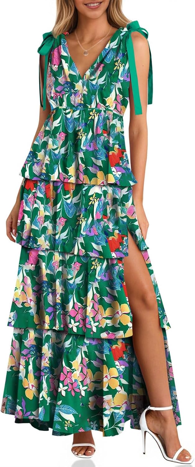 Wenrine Womens Elegant Wedding Guest Dress Floral Ruffle Maxi Dresses | Casual,Tie Strap,Sleeveless,V Neck,High Slit,Boho,Ruffle,Tiered,Beach