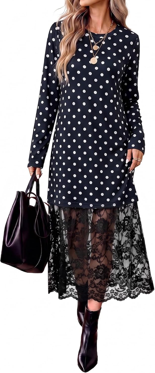 Long Sleeve Fall Dresses Midi Lace Patchwork Dress Fall Wedding Guest Dress | Winter dresses, fall fashion clothing, business casual outfits, teacher outfits, crew neck, side pockets, going out