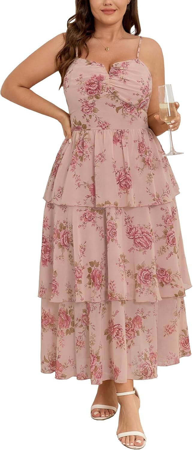 Womens Plus Size Floral Maxi Dress | Spaghetti Strap Tiered Ruffle Summer Wedding Guest Dress for Vacation and Garden Party