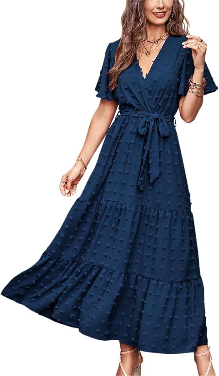 MASCOMODA Womens Summer Swiss Dot Maxi Dresses Wrap Boho Floral Long Dress | V Neck Wrap Dress, Flutter Short Sleeve, Tie Waist, Flowy A Line, Tiered Ruffle Hem, Elegant Spring Wedding Guest Dresses