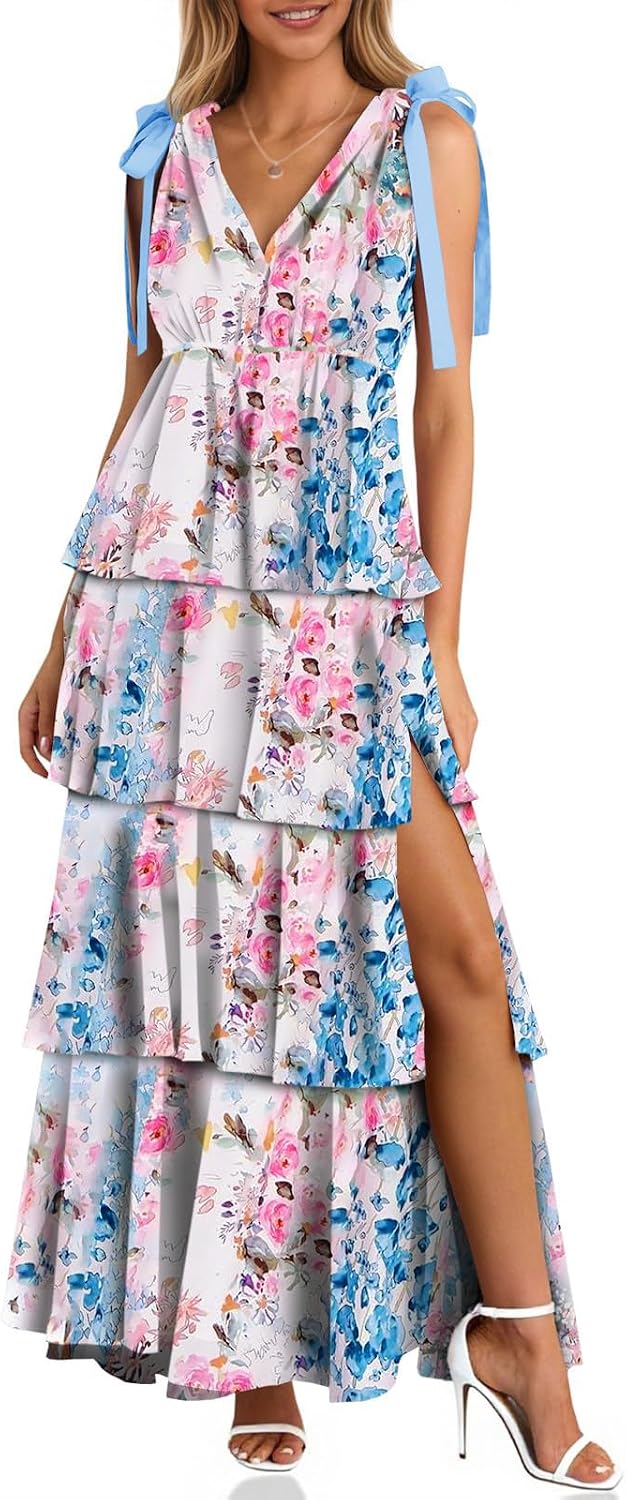 Wenrine Womens Elegant Wedding Guest Dress Floral Ruffle Maxi Dresses | Casual,Tie Strap,Sleeveless,V Neck,High Slit,Boho,Ruffle,Tiered,Beach
