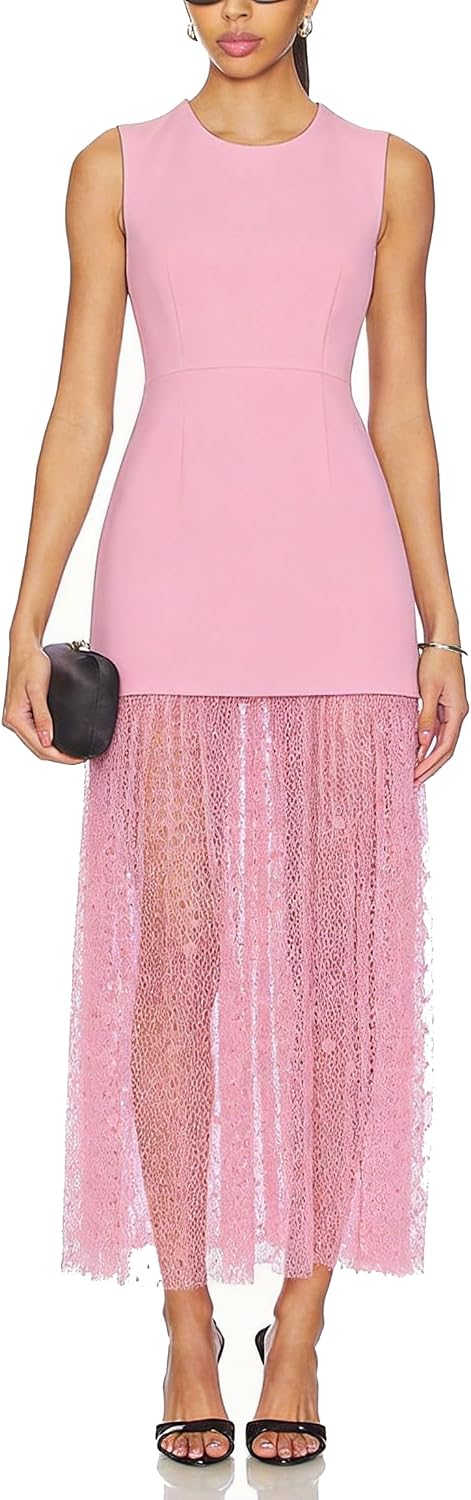 Women Sleeveless Sheer Lace Mesh Ruffles Maxi Dress Cocktail Party Dress | Tulle Overlay Hem Bodycon Wedding Guest Dress Club Night Evening Gowns Date Night Lace Mesh Hem Formal Dress