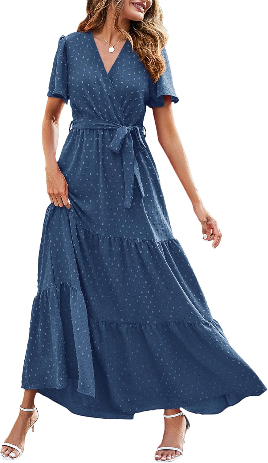 MASCOMODA Womens Summer Swiss Dot Maxi Dresses Wrap Boho Floral Long Dress | V Neck Wrap Dress, Flutter Short Sleeve, Tie Waist, Flowy A Line, Tiered Ruffle Hem, Elegant Spring Wedding Guest Dresses